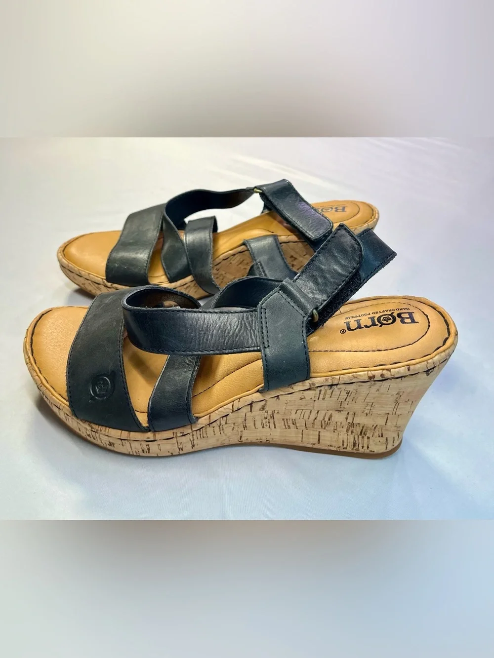 Børn Black Leather Cork Wedge Sandals Adjustable Straps Platform - 9